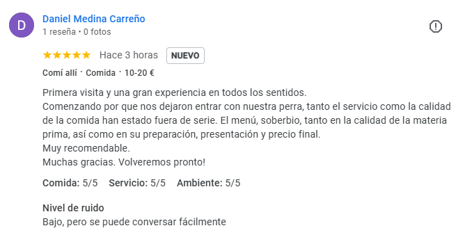Las mejores reseñas de restaurantes en Andorra la Vella. Daniel Medina Carreño. Tanto el servicio como la calidad de la comida han estado fuera de serie. El menú, soberbio, tanto en la calidad de la materia prima, así como en su preparación, presentación y precio final. Volveremos pronto. Comí allí · Comida · 10-20 €. Primera visita y una gran experiencia en todos los sentidos. Comenzando porque nos dejaron entrar con nuestra perra, tanto el servicio como la calidad de la comida han estado fuera de serie. El menú, soberbio, tanto en la calidad de la materia prima, así como en su preparación, presentación y precio final. Muy recomendable. Muchas gracias. ¡Volveremos pronto! Comida: 5/5 Servicio: 5/5 Ambiente: 5/5