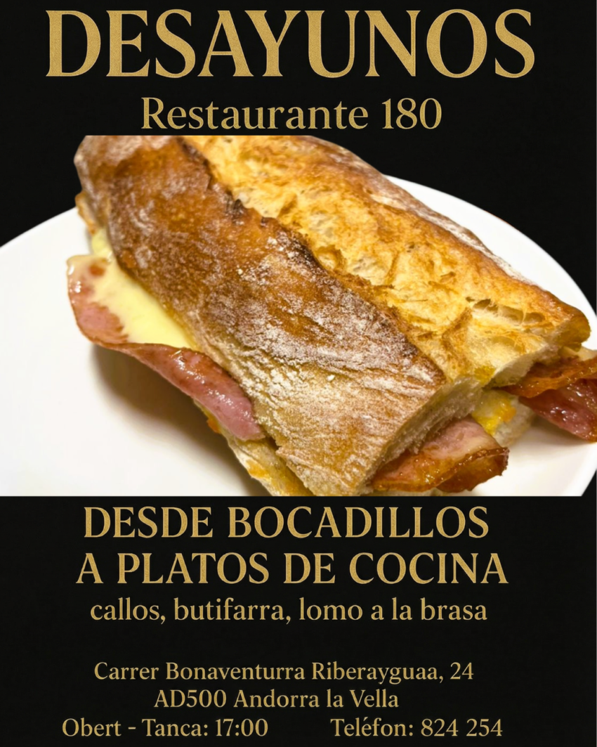 🔥 LOS MEJORES DESAYUNOS DE ANDORRA ESTÁN EN EL RESTAURANT 180 🔥 Si buscas un desayuno de verdad, de esos que te llenan de energía y te alegran la mañana, en Restaurant 180 lo tenemos claro: aquí se desayuna como se debe. Desde bocadillos recién hechos hasta auténticos platos de cocina para empezar el día con sabor: ✨ Callos caseros ✨ Butifarra a la plancha ✨ Lomo a la brasa ✨ Y muchas más opciones contundentes y caseras. Un lugar imprescindible en Andorra la Vella para quienes disfrutan de un desayuno completo, sabroso y preparado al momento. 📍 Carrer Bonaventura Riberaygua, 24 – AD500 Andorra la Vella 🕐 Abierto hasta las 17:00 📞 +376 824 254 Empieza tu día con buen sabor. Restaurant 180: desayunos que marcan la diferencia. 😋🔥