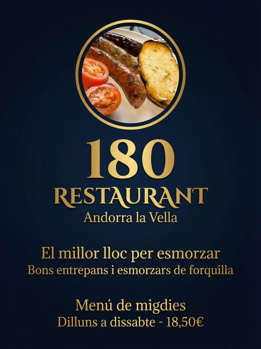 🍳🔥 RESTAURANT 180 — EL MILLOR COMENÇAMENT DEL DIA A ANDORRA LA VELLA 🔥🥪 Si busques un lloc on esmorzar bé, amb sabor i sense complicacions, el Restaurant 180 és la teva parada imprescindible. Estem a bonaventura Riberaygua, 24 a Andorra la Vella. Aquí els matins tenen gust de bons entrepans fets amb producte de qualitat i d’esmorzars de forquilla que donen energia de veritat. I per als migdies… 🍽️ De dilluns a dissabte, t’esperem amb un menú complet per només 18,50 €, pensat perquè mengis bé, ràpid i a un preu ajustat, sense renunciar al bon producte ni al bon servei. Vine a descobrir per què el 180 s’ha convertit en un referent al centre d’Andorra la Vella. #Restaurant180 #EsmorzarsAndorra #EntrepansGourmet #MenúDiari #AndorraLaVella